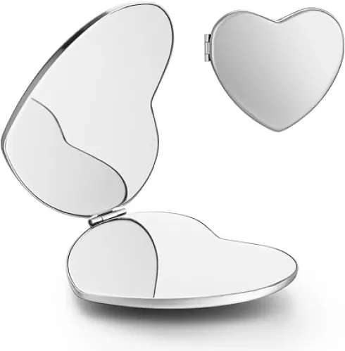 Compact Mirror Travel Makeup Mirror Metal Pocket Cosmetic Mirrors Portable Handheld Beauty Mirror Folding Double-Sided Elegant Vanity Mirror for Men Women Purse(Silver-Heart Shaped)