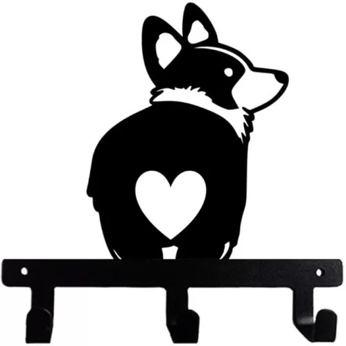 Corgi Cute Love Butt Fluffy Bum Heart Shaped Black Coated Metal Wall Leash Key Hook for Kitchen Bathroom Bedroom Garage Mud Room