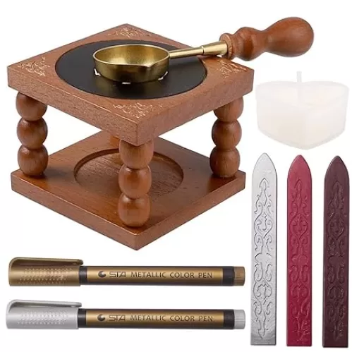 CRASPIRE Wax Seal Furnace Set Wax Seal Spoon Holder Wooden Wax Seal Warmer with Brass Spoon+ 3pcs Wax Seal Sticks + 2pcs Pens+ Heart Candle for Wedding Invitations Envelopes Valentines Day Gift