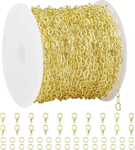 Crisjanggo 32.8 Feet 14K Gold Plated Brass Chains for Jewelry Making Chains Roll with Jump Rings and Lobster Clasps Gold Heart Shaped Jewelry DIY Craft Chains