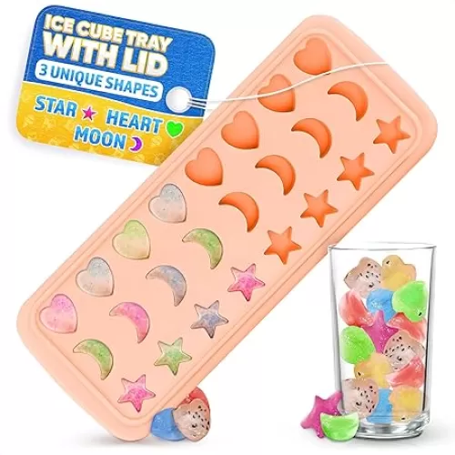 Cute Ice Cube Tray with Lid – Flexible, Food Safe, Temperature-Resistant Silicone Star, Moon, and Heart Ice Cube Tray Fun Shapes in 24 Cavities – Easy to Clean and Remove, Great for Home Creations