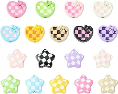 DanLingJewelry 36Pcs Candy Color Bowknot Heart and Star Spacer Beads Metal Star Heart Shaped Beads with Tartan Pattern for DIY Jewelry Making