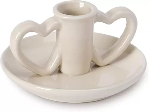 Double Heart Shaped Ceramic Candle Holder with Plate, Trinket Tray Great Gift Idea for Loved Ones, for Valentine's Day, Birthday etc, Home Decorations, House Warming Gifts (Ivory)