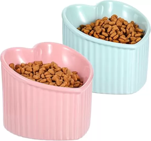 Elevated Cat Bowls, Raised Cat Bowl for Indoor Cats, Cute Heart Ceramic Tilted Puppy Food Set Supplies Whisker Friendly Anti Vomit, 2 Pack Pink+ Light Green