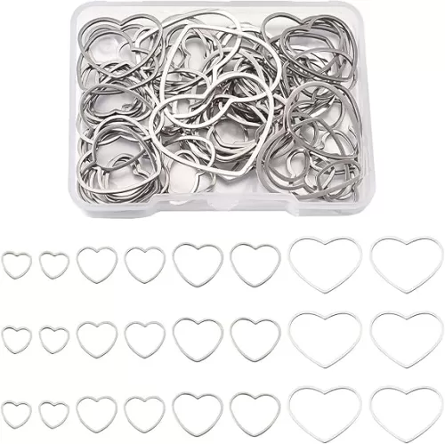 FASHEWELRY 70cs Stainless Steel Heart Linking Rings 4 Sizes Metal Love Heart Open Bezel Charms Connectors for Dangle Beading Hoop Jewelry Making (Stainless Steel Color)