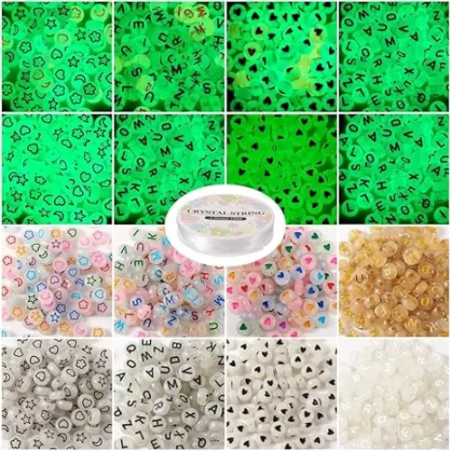 FASHEWELRY 800Pcs Glow in The Dark Letter Beads Luminous Acrylic Beads Star Heart Pony Beads UV Alphabet Beads Hair Beads for DIY Bracelets Making with Elastic Crystal Thread