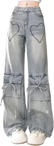 Fashion High Waist Baggy Jeans Y2K Heart Pattern Tie Cargo Pockets Casual Straight Leg Wide Leg Denim Pants