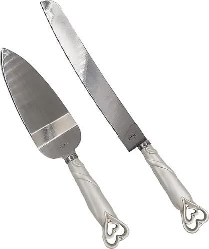 FASHIONCRAFT 2401 Interlocking Hearts Design Cake Knife and Server Set, Wedding Cake Knife and Server Set, Silver Stainless Knife Set