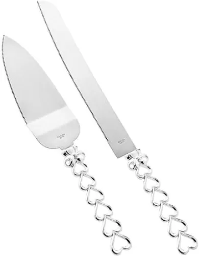 FASHONCRAFT 2559 Heart to Heart Collection Silver Metal Cake Server and Knife Set – Party Favor