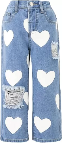 Floerns Toddler Girl's Heart Print Jeans Distressed Ripped Straight Leg Denim Pants
