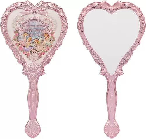 Flower Knows Midsummer Fairytales Hand Mirror, Vintage Heart Handheld Mirror, Fancy & Pretty Princess Handheld Mirror with Long Handle, Gift for Girls & Women(White Vanilla)