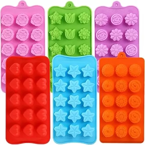 Flower Shape Chocolate Candy Molds Set, Heart, The stars, The rose, Flowers in Combination, 15 Cavity Silicone Baking Mold Ice Cube Tray-Wedding, Festival, Parties and DIY Crafts-(6Pcs)