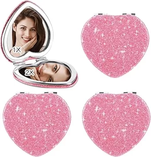 Folding Heart Shaped Makeup Mirror - 1X/2X Magnifying, Compact, Cute Cosmetic Mirror for Women's Travel Purse