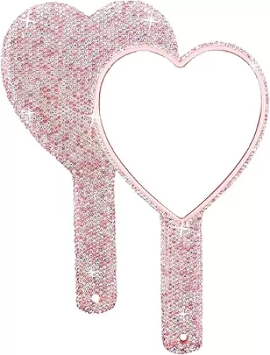 Framendino, 1 Pack Large Rhinestone Handheld Mirror Heart Bling Glitter Cosmetic Dazzling Portable Hand Mirrors with Handle for Women Wedding Pink