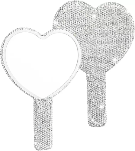 Framendino, 1 Pack Rhinestone Handheld Mirror Heart Bling Glitter Cosmetic Dazzling Portable Hand Mirrors with Handle for Women (White)