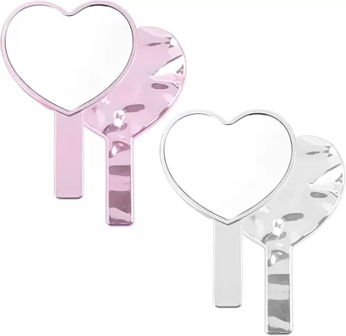 Framendino, 2 Pack Glitter Handheld Mirror Cute Heart Portable Cosmetics Makeup Compact Hand Lash Mirrors for Women Travel Party Pink & Silver Water Ripples