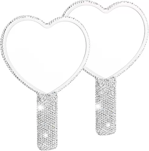 Framendino, 2 Pack Rhinestone Handheld Mirror Heart Bling Glitter Cosmetic Dazzling Portable Hand for Women (White)