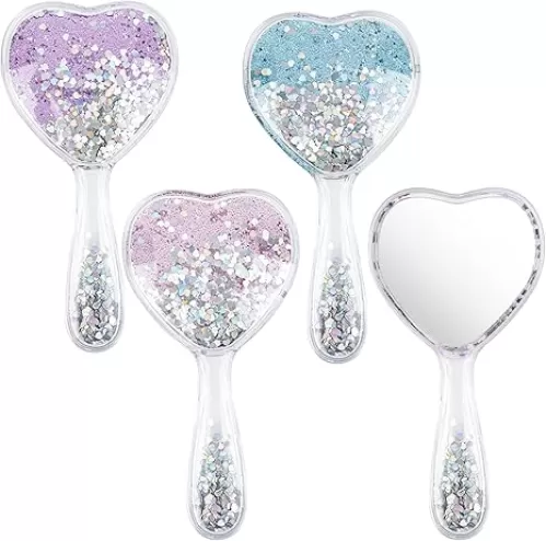 Framendino, 3 Pack Heart-Shaped Handheld Mirror Confetti Glitter Cosmetic Hand for Women