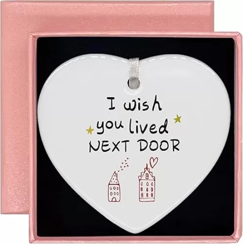 Friends Gift, Moving, New Home Gift-Congrats Homeowner Present-First Time New House, Happy Housewarming Present-Heart Shaped Ornament with Box-I Wish You Lived Next Door