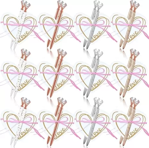 Fuutreo 24 Pack Heart Shape Sticky Notes Set with Big Diamond Pens Memo Pad for Wedding Crystal Metal Ballpoint Pens with Black Ink for Bachelorette Office Wedding Gift Supplies