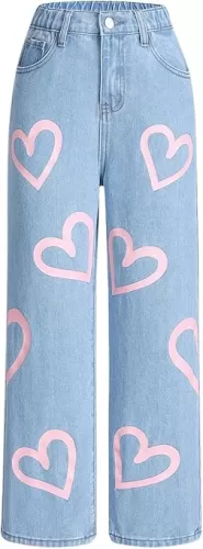 Girl's Heart Print High Waisted Loose Straight Leg Jeans Denim Pants