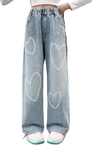 Girls Kids Cute Patterns Jeans Denim Heart Shape Pants Elastic Waist Wide Leg Stars Denim Pants Age 5-14 Years