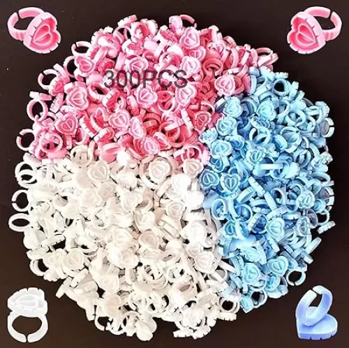 Glue Rings, 300 PCS Glue Rings for Eyelash Extension, Disposable Smart Lash Glue Rings, Cute Glue Cups Eyelash Glue Holder, Heart Glue Rings for Lash Eyelash Extension Supplies (Heart Pink&White&Blue)