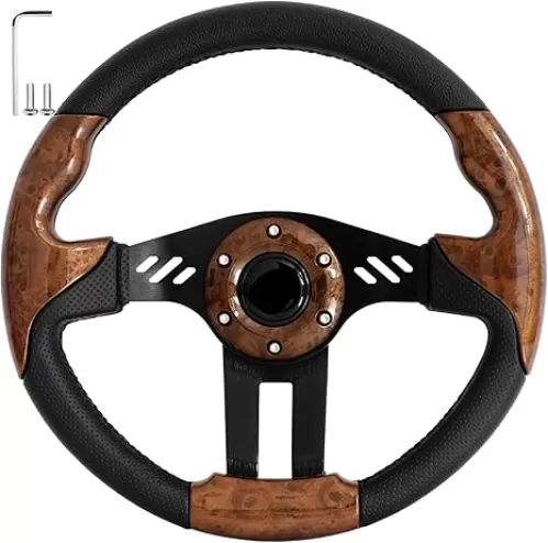 Golf Cart Steering Wheel for EZGO TXT/RXV, Club Car DS/Precedent/Tempo, Yamaha G29/Drive/Drive 2 and Most Golf Cart Models, PVC Material Wooden (Required Adapter Not Included)