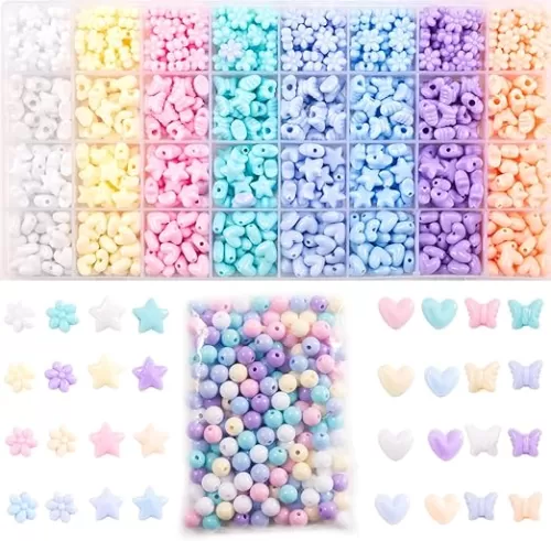 Gxueshan 840Pcs Star Heart Kandi Acrylic Blue Pink White Mix Cute Pastel Circle Loose Spacer Assorted Colorful Shape Bow Heishi Beads Bulk for Friendship Rainbow Bracelets and Jewelry Making Kit