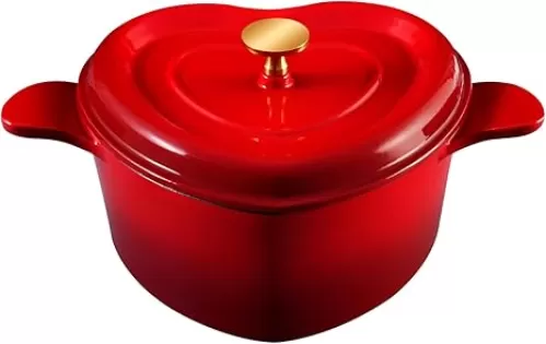 Heart Shaped Cast Iron Dutch Oven - 3 qt Enameled Cast Iron Pot with Lid for Bread Baking, Red