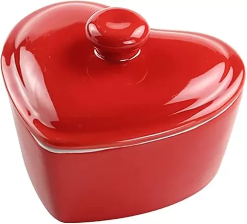 Heart-Shaped Ceramic Dessert Bowl with Lid Pudding Small Salad Bowl Baking Bowl High Temperature Resistance-Red-5 OZ
