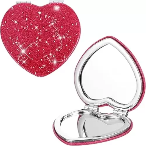 Heart-Shaped Compact Folding Mirror, Dual-Sided Magnification, Portable Travel Makeup Mirror, Red, 3"L x 2.8"W