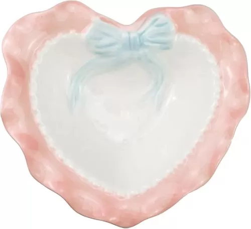 Heart Shaped Dessert Bowl Lovely Ceramic Wavy Lace Bowl for Rice Grain Fruit and Salad (Pink)