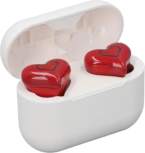 Jectse Heart Shaped Earbuds, HiFi Stereo Bluetooth Headphones with Charging Case, Lightweight Noise Cancelling Earphones for Phone Laptop (Red)