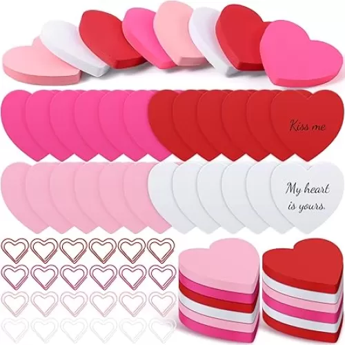 Heart Shaped Sticky Notes Pad and Love Paper Clips Set Valentine's Day 2.83'' x 2.83'' Sticky Memo for Office Home School Women Supplies(Cute Color, 104 Pcs)