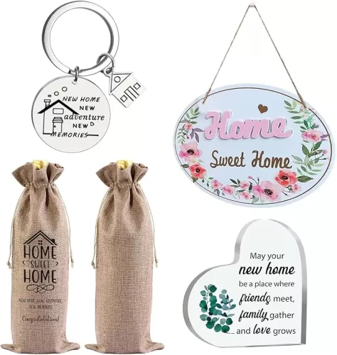 House Warming Gifts, 4pcs New Home Presents Set with Wooden Sweet Home Sign, Heart Keepsake, Wine Bag, Keychain