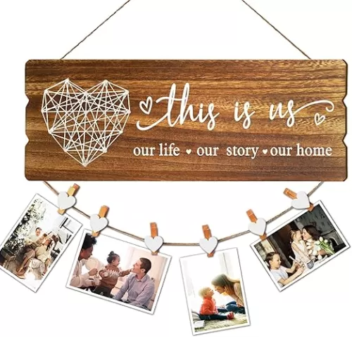 Housewarming Gifts New Home Sign Decor - Rustic Wall Hanging Picture Frame with 6 Heart Clips -This Is Us Wall Decor 15.8x6.0 Inches