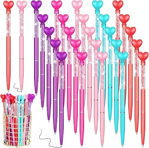 Hushee 24 Pcs Heart Shaped Pens Glitter Retractable Metal Ballpoint Pens with Black Ink Diamond Crystal Bridal Shower Gift for Office School Classroom Wedding Engagement(Multicolor)