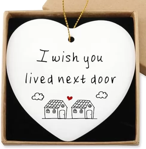 I Wish You Lived Next Door Hanging Ornament Birthday Gifts for Women Friendship Ceramic Heart Keepsake Long Distance Friendship for Soul Sister Friends Moving Away
