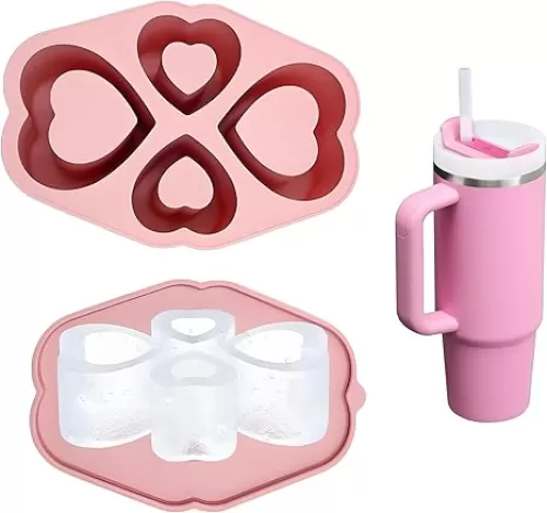 Ice Cube Trays for Stanley Cup 20 30 40 OZ Silicone Ice Cube Tray Heart Shape Ice Cube Mold Stanley Cup Accessories Ice Mold with Lid Set of 3 (Pink)