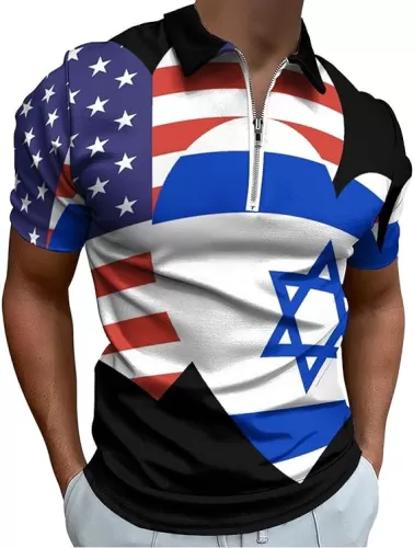 Israel American Heart Flag Mens Golf Shirts Short Sleeve Golf Polo Shirts Casual Slim Fit Polo T Shirts