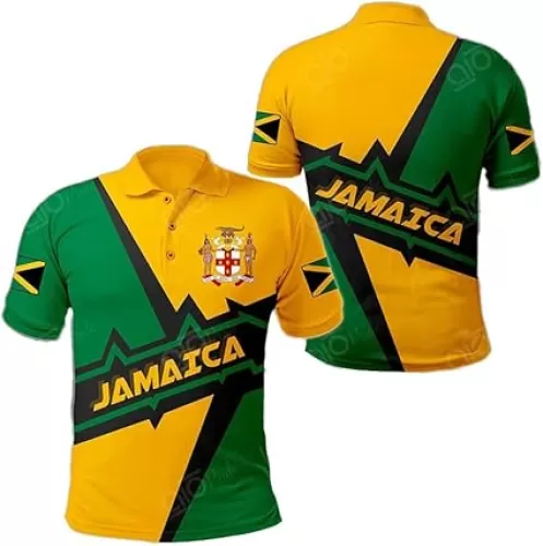 Jamaica Heart Beat Coat of Arms Polo Shirt, Mens Polo Shirts for Gifts, Short Sleeve Men