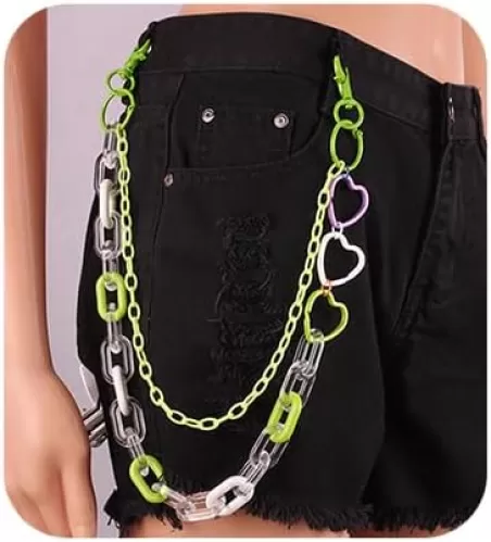 Jeans Acrylic Heart Pants Rock Colorful Acrylic Link Heart Shape Hip Hop Jean Chains Pocket Chains Trousers Body Accessories for Women (Green)