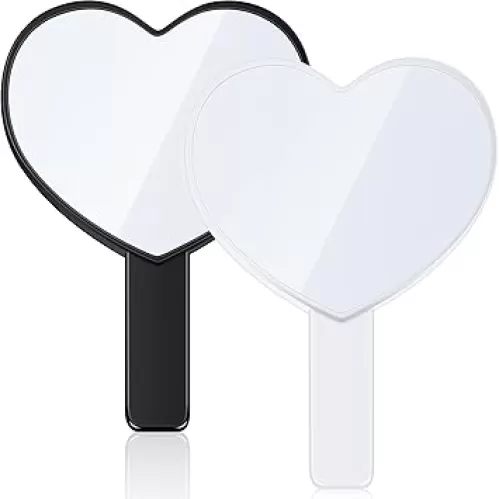 Jetec 2 Pieces Heart Shaped Handheld Cosmetic Mirrors Mini Travel Makeup Mirrors with Handle Small Heart Decorative for Women(Pink, Purple)