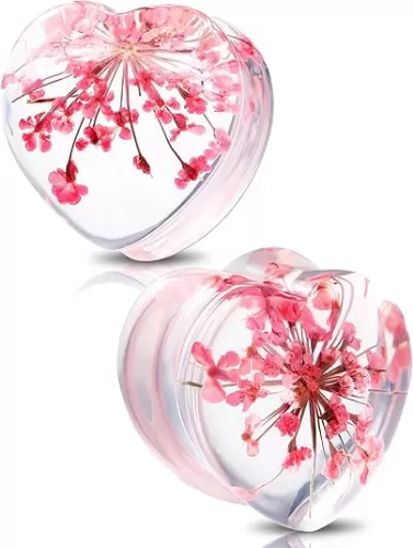 Jewseen 2PCS Heart Ear Gauges Flower Double Flared Ear Tunnels Ear Gauge Plugs 2g to 5/8'' Resin Tunnels Ear Stretcher Ear Expander Ear Plugs for Women Ear Gauges Piercing Jewelry for Wedding