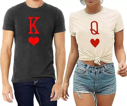 K and Q of Hearts Couple Shirt His and Hers Matching Outfit T Shirts Funny Cute Letter Print Graphic Casual Tee Tops