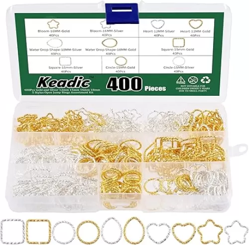 Keadic 400 Pcs 4 Sizes 12 15 16 18mm Open Jump Rings Assortment Kit, Twisted Flower/Heart/Square/Water Drop/O Ring Jewelry Making Findings for DIY Bracelet Necklaces Earring (Golden and Silver)
