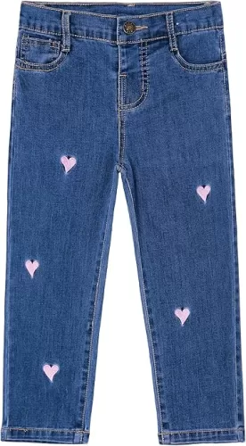 KIDSCOOL SPACE Baby Little Girls Jeans, Embroidered Strechy Denim Soft Slim Pants