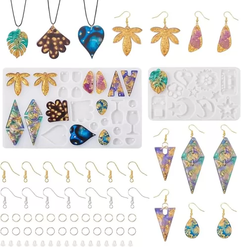 KISSITTY 2pcs Leaf Pendant Silicone Molds Earring Making Kit with Jump Rings Earring Hooks Heart Teardrop Geometric Shape Silicone Molds for Epoxy Resin for Women Earrings Jewelry Making