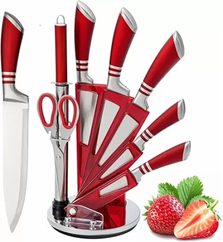 Kitchen Knife Set, 9-Piece Red Knife Set with Acrylic Block, Non Stick Sharp High Carbon Stainless Steel Chef Knife Set with Sharpener for Kitchen Cutting Kitchen Gifts for Women